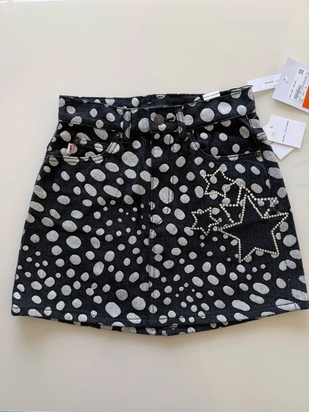 Marc Jacobs Black and White Polka Dot Denim Skirt with Leather Logo Patch - Picture 1 of 11